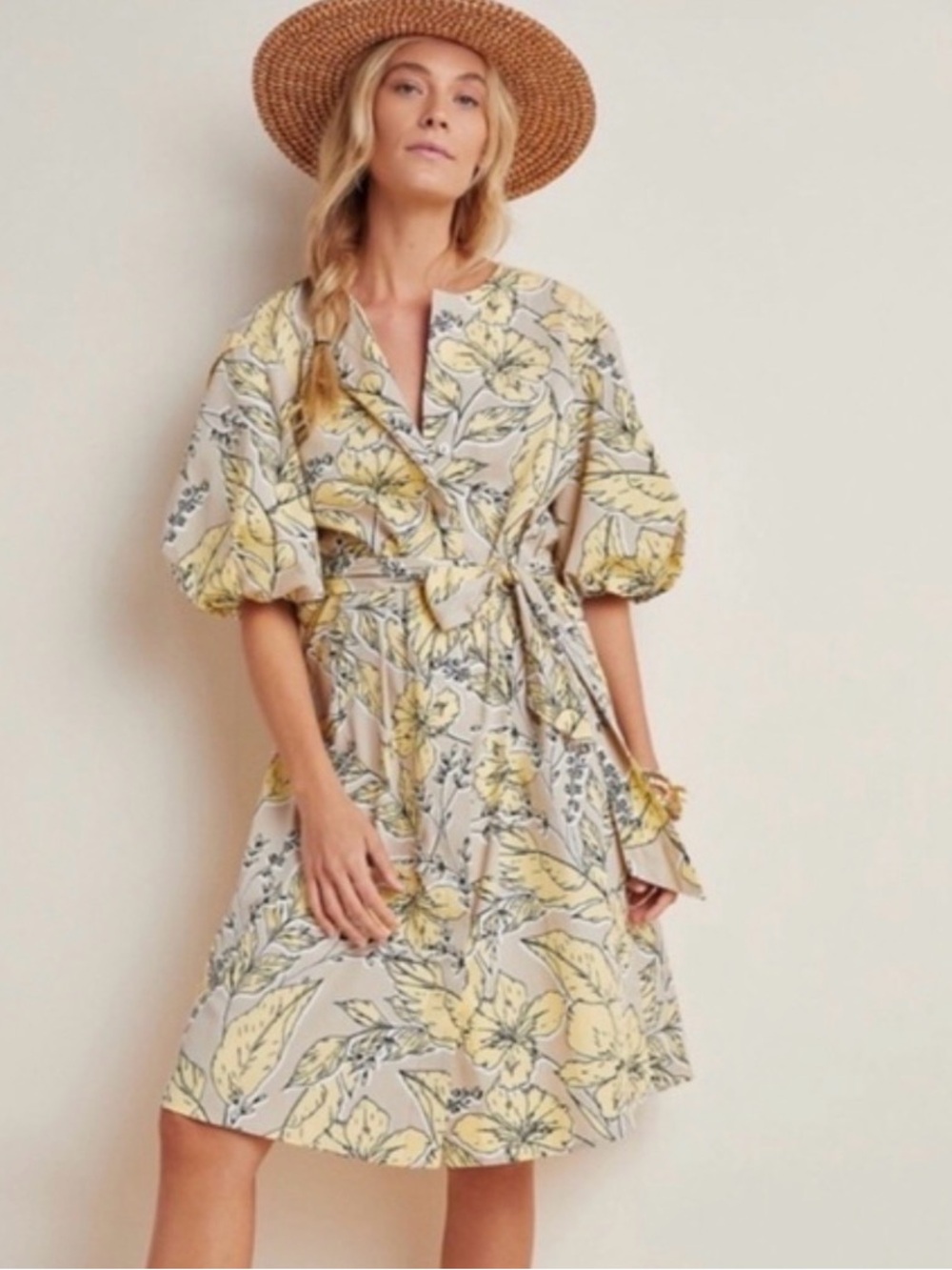 Anthropologie Josephine Floral Puff-Sleeve Midi Dress – Size L 🌸 missing button!